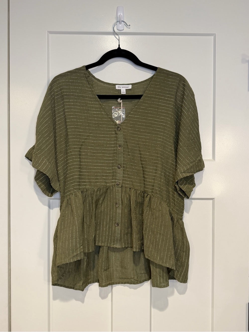 Blu Pepper Olive Green Button-Front Peplum Blouse